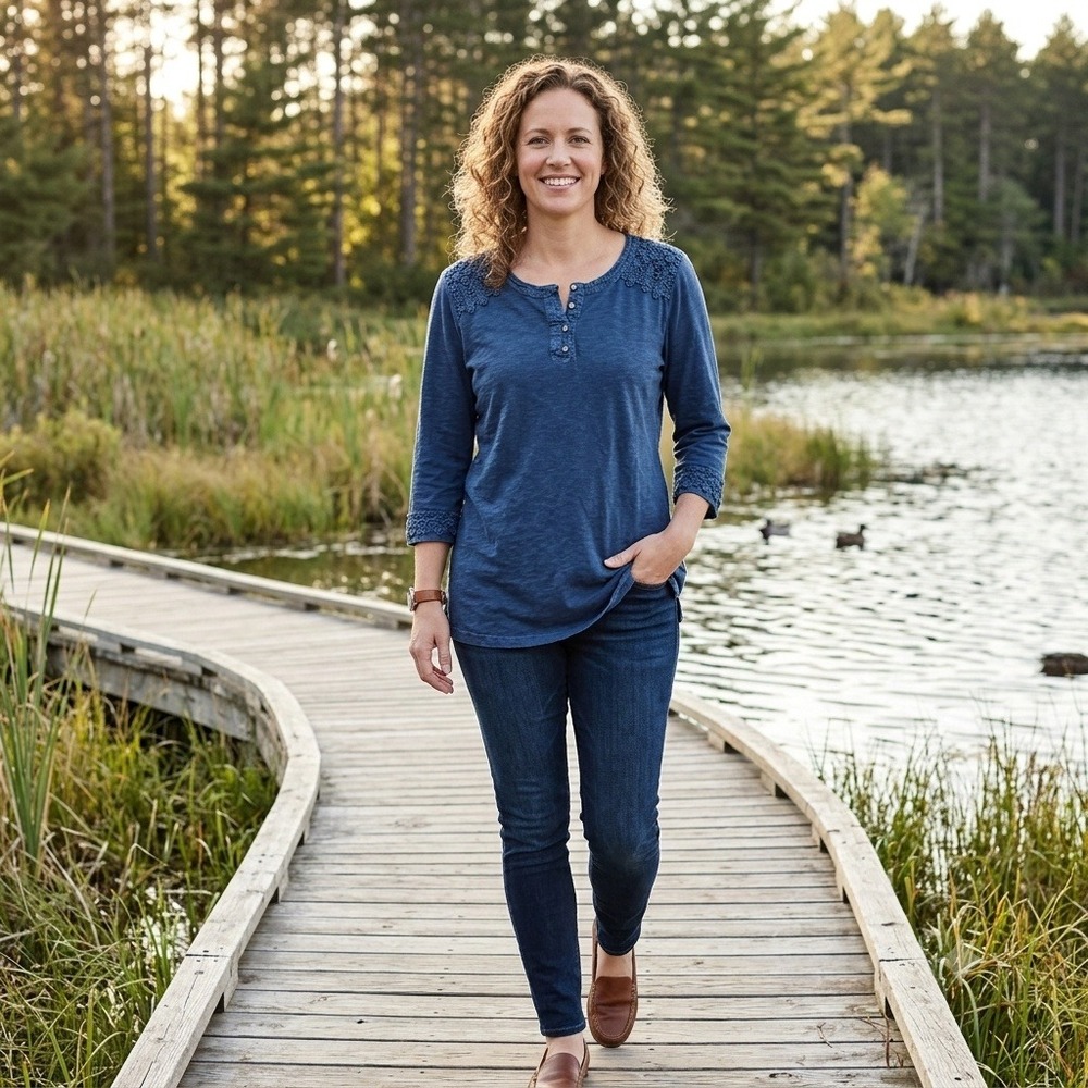 Cabelas Womens Blue Slub Knit Henley Top Crochet Lace Shoulder 3/4 Sleeve XL